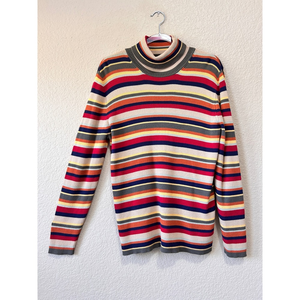 90s Cherokee XL Cotton Japan Striped Turtleneck Sweater Rainbow Ribbed Knit